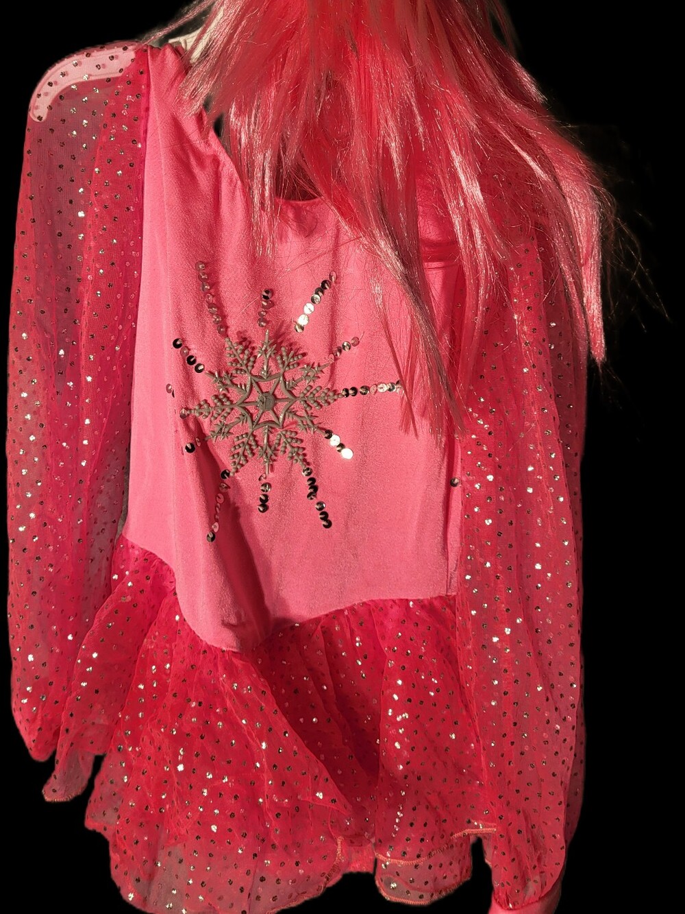 🎃Girls' Pink Sequin Star Dance Top Costume and Wig SZ M